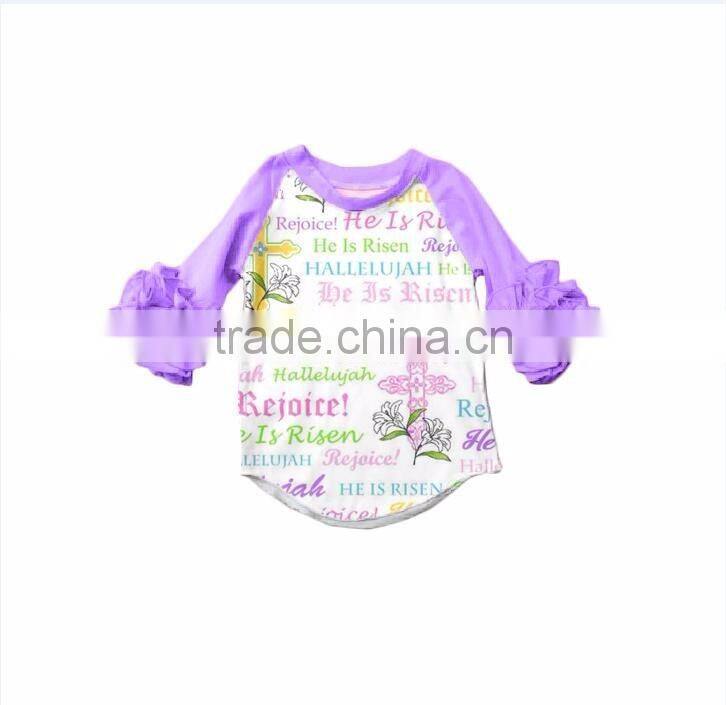 Easter Purple printed cartoon T-shirt and raglan sleeve litter girls clothes remark Spring kids cotton top