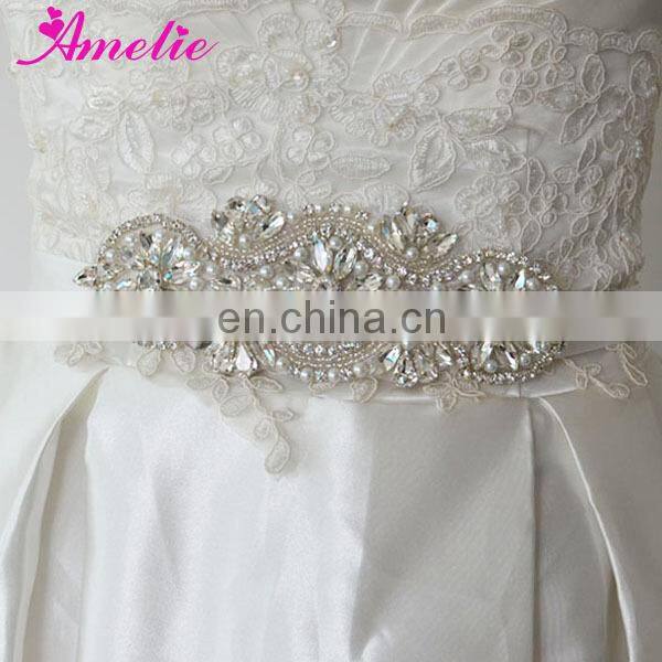 Long Rhinestone Trimming and Beads Sewed Wedding Bride Sash for Wedding Dress