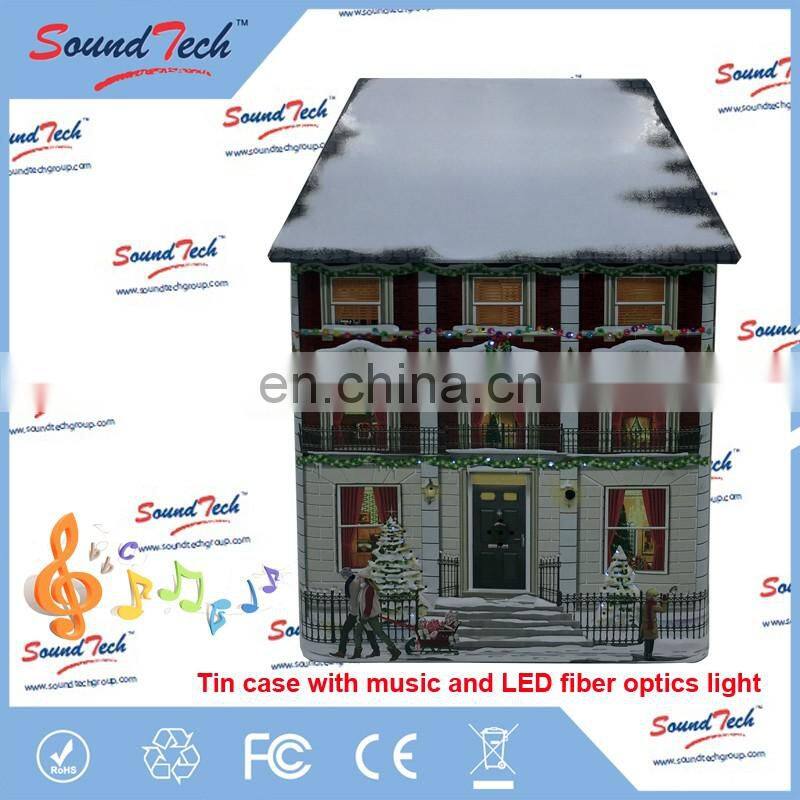 High quality LED fiber optics light up Christmas musical tin can