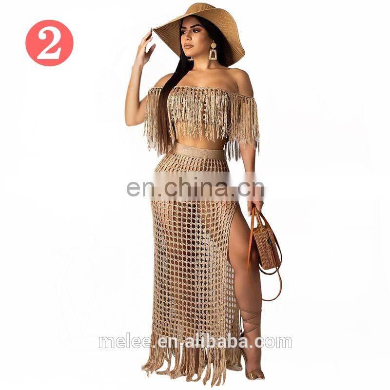 women summer two piece clothing off shoulder tassel swim wear cover up beach maxi dress bikinis 2020 swimwear beachwear