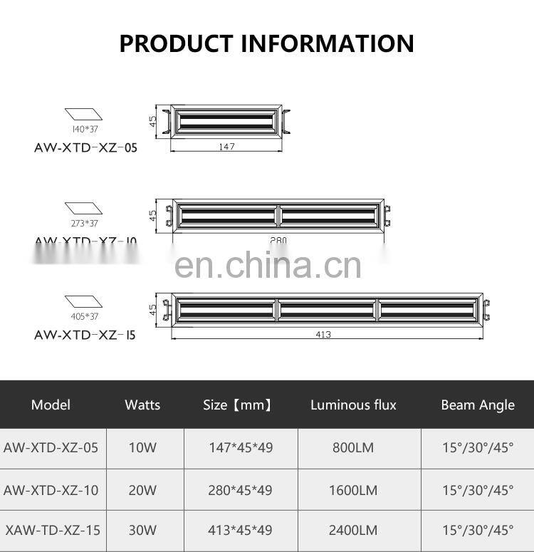 Long Lifespan Surface Embedded Rectangle SMD Office 10W 20W 30W Led Linear Light Downlight