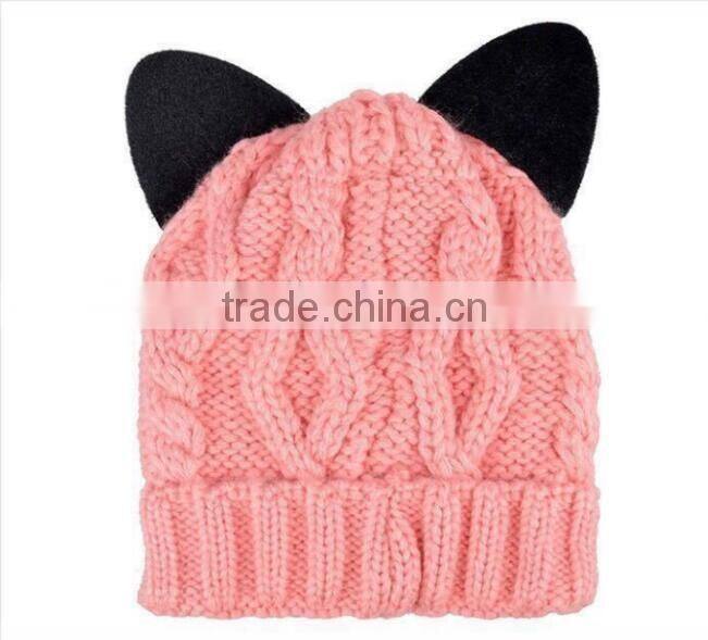 Unique Printed Cat Ear Decorated Polar Fleece Inside Twisted Knitting Women Girls Hat