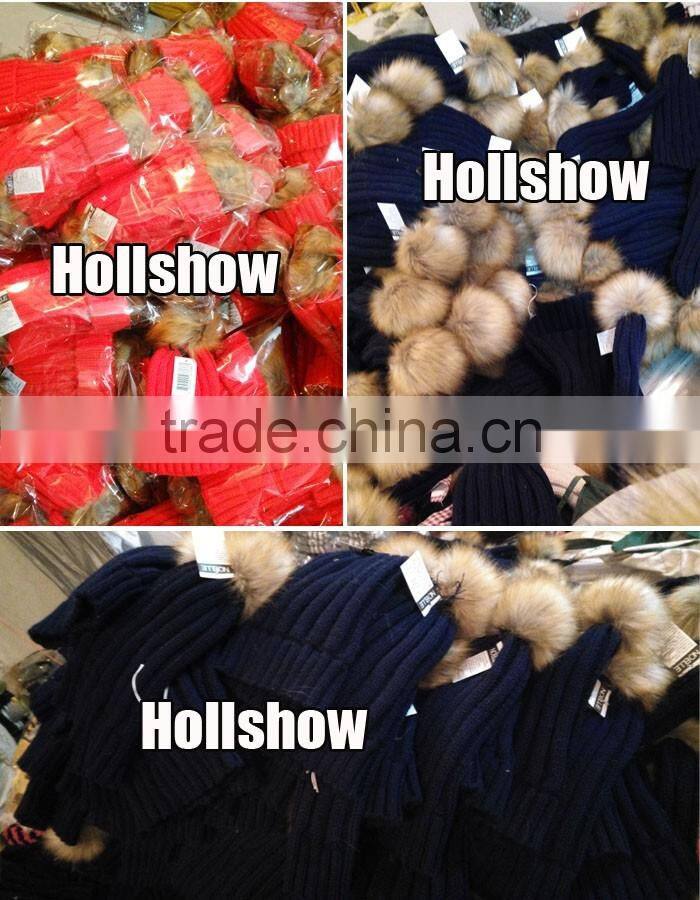 Wholesale Fashion Ladies Printed Real Fur Detachable Pom Pom Beanie Cap