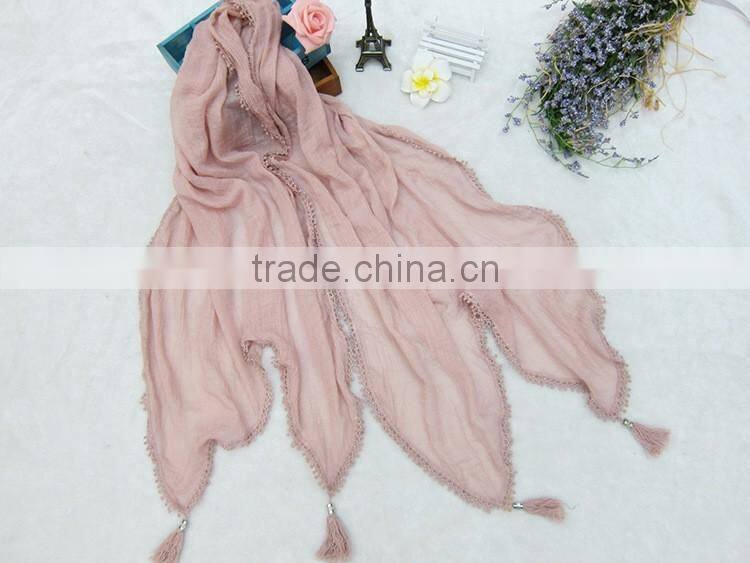 Fashion Latest Large Long Plain Cotton Linen Embroidery Lace Brim Tassel Scarf Shawl