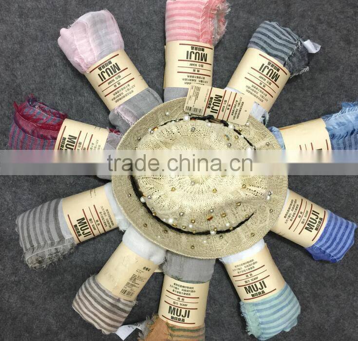 Latest Design Korean Fashion Cotton Linen Striped Fringe Tassel Scarf