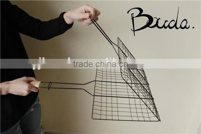 Stainless Steel Double Barebecue bbq Grill Net with wooden handle BD-B8100