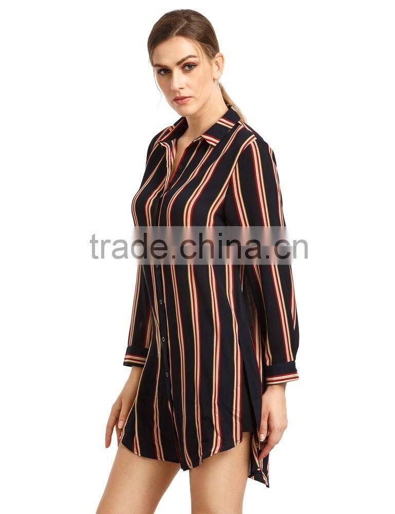 seller factory 2016 fall stripe button down long dress shirt design for women