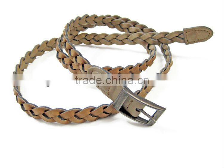 Women's Skinny Faux PU Leather Woven Dress Belt with Alloy Pin Buckle