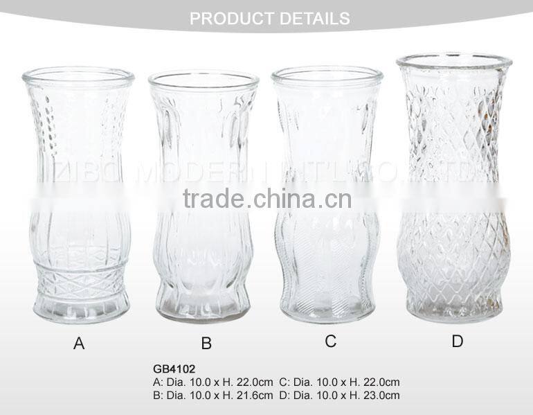 different types glass vase cheap embossed pattern clear glass flower arrangement