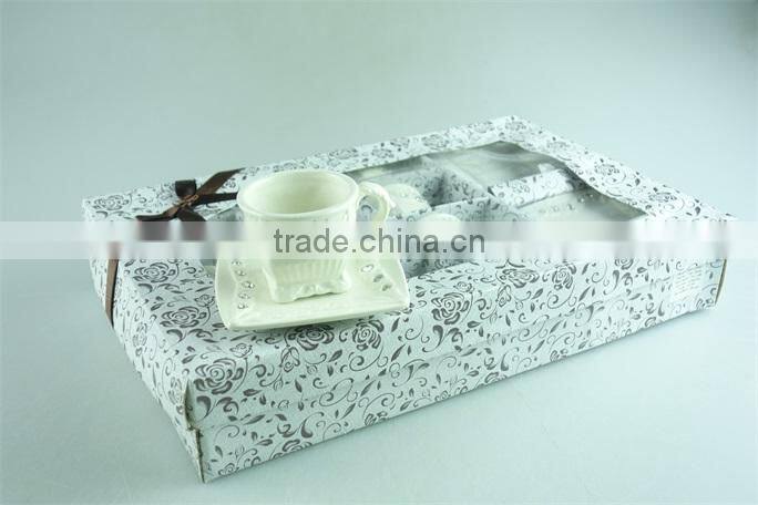2015 latest design square shape porcelain cup and saucer with crystal,white porcelain cup and saucer set with gold decal