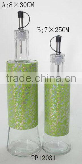 metal coating cylinder glass oil vinegar bottle with design