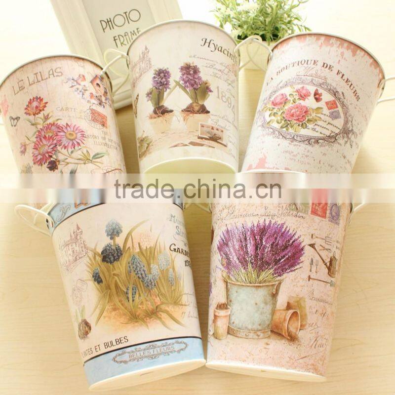 2016 HOT Sale Garden Bucket Tulip Decal Metal Bucket Flower Planter With Handle European Metal Home Decor