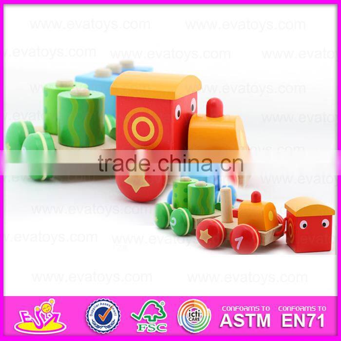 Colorful wooden Pull Shape Block Train Toy for kids,EN71 top sale pull line toy vehicle wooden toy train OEM W05C025