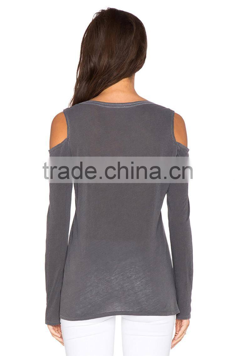 Ladies new design cotton extended off shoulder long sleeve t shirt design