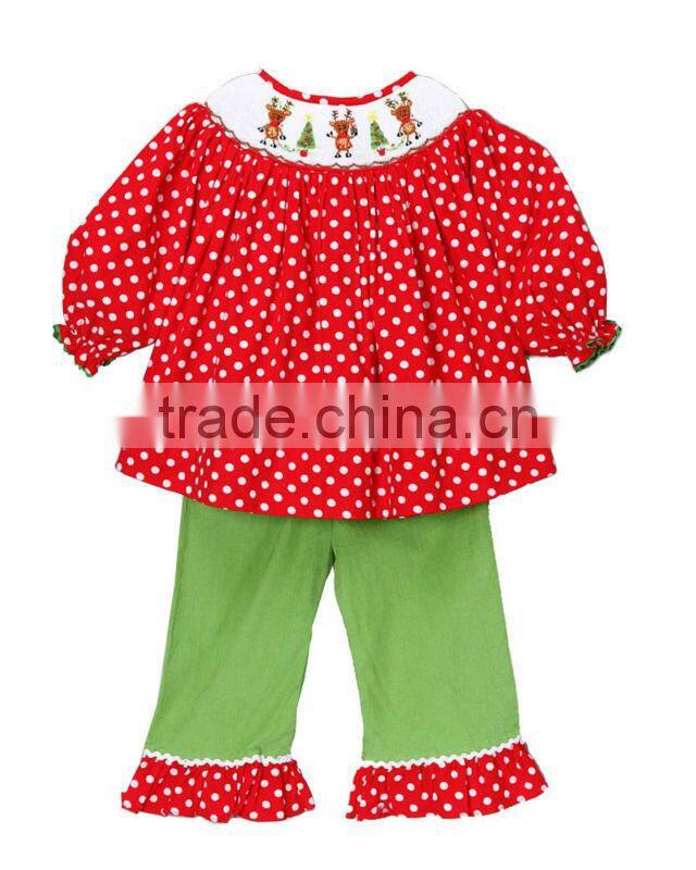 Baby Girls Red Polka dot Smocked Reindeer Tee & Green Long Pant