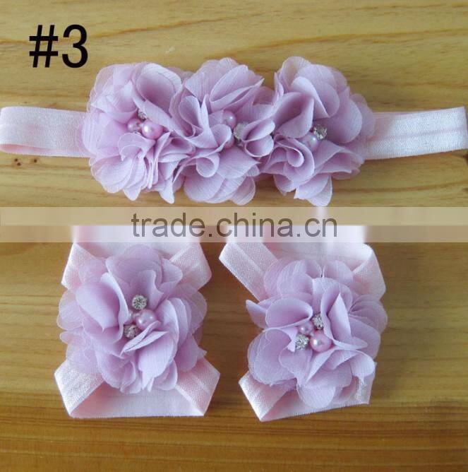 Hot 2014 fashion popular children's hand stitching Chiffon Rhinestone Flower Hair Band foot flower set and baby wrist flower