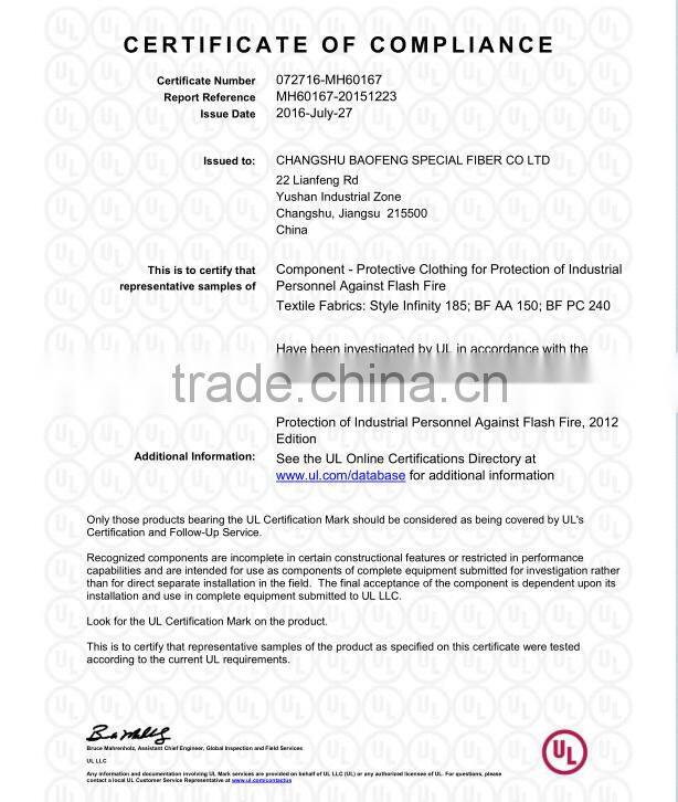 UL NFPA2112 certified IIIA fabric for military pilot suits