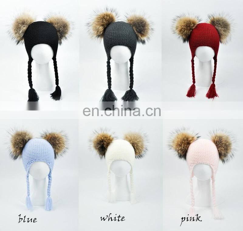 High Quality Fashionable Kids Beanie Hats With Two Fur Pom Poms Baby Fur Hat
