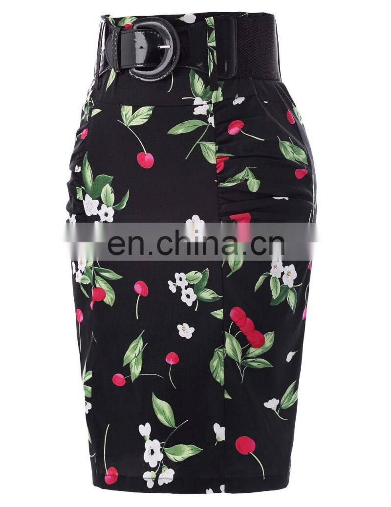 Kate Kasin Women's Shirred Detail Flower Pattern Cotton Pencil Skirt with Wide Belt KK000610-1