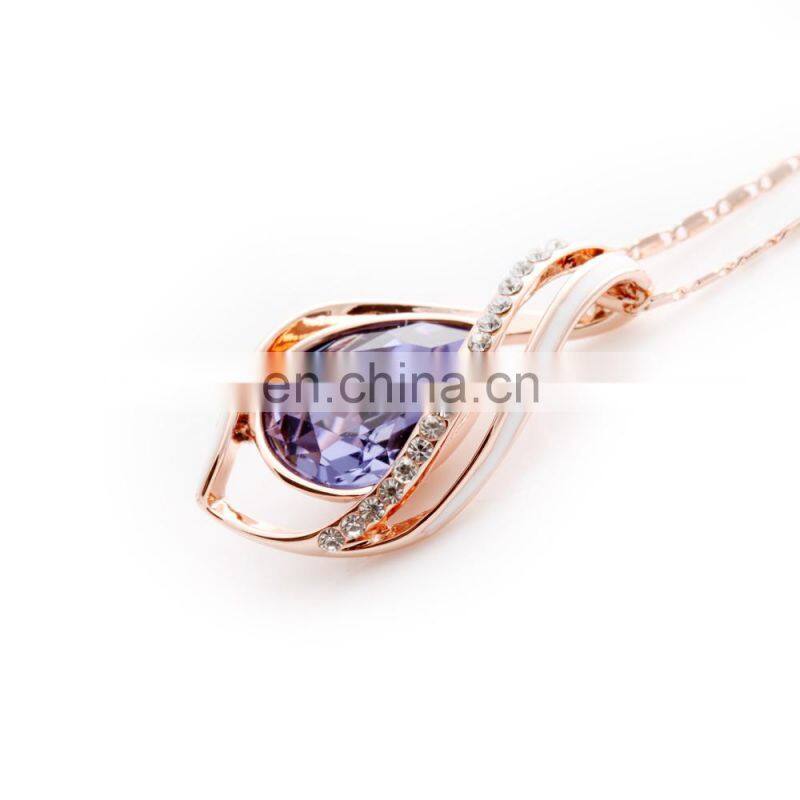 New Wholesale Jewelry Purple Drop Shape Crystal Rhinestone Rose Gold Pendant Zipper Chain Necklace Designs For Grils