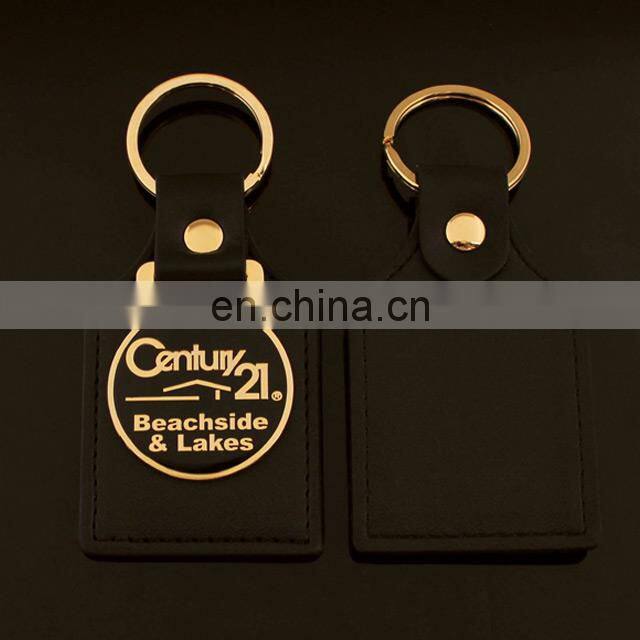 custom logo gold metal keychain black leather keychain