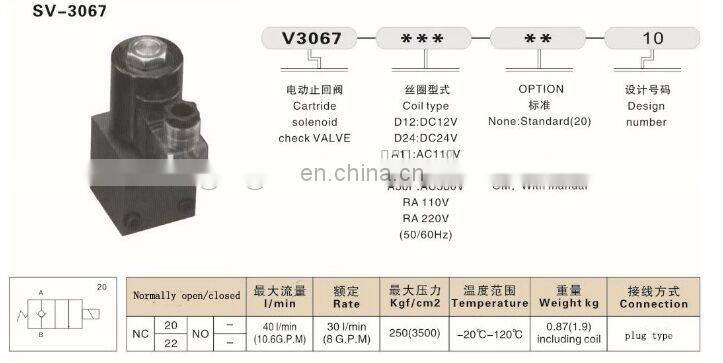 Hydraulic solenoid valve electric check valve SV - 3067-220 v and 24 v