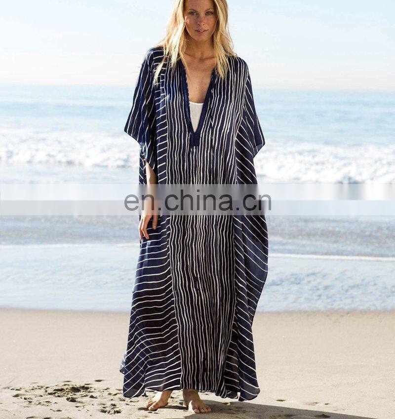 2019 Dark Blue Striped Deep V-Neck Bats Sleeve Loose Summer Dress Beach Kaftan Plus Size Women Beachwear Maxi Dress Sarong