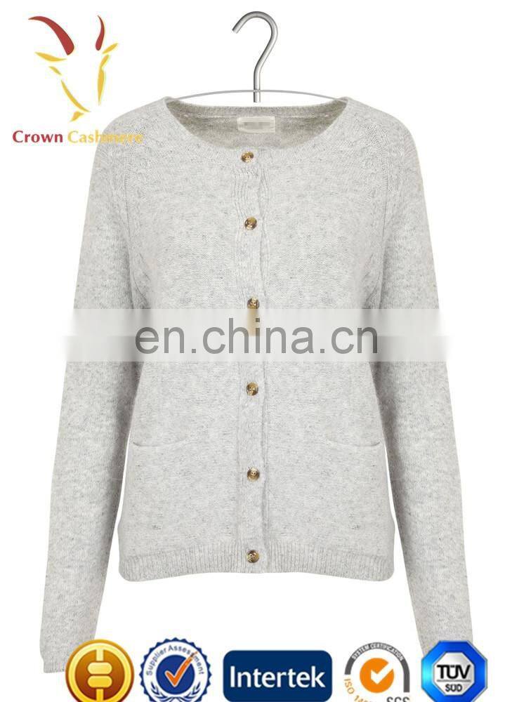 Women winter gery pure cashmere cardigan round neck sweater