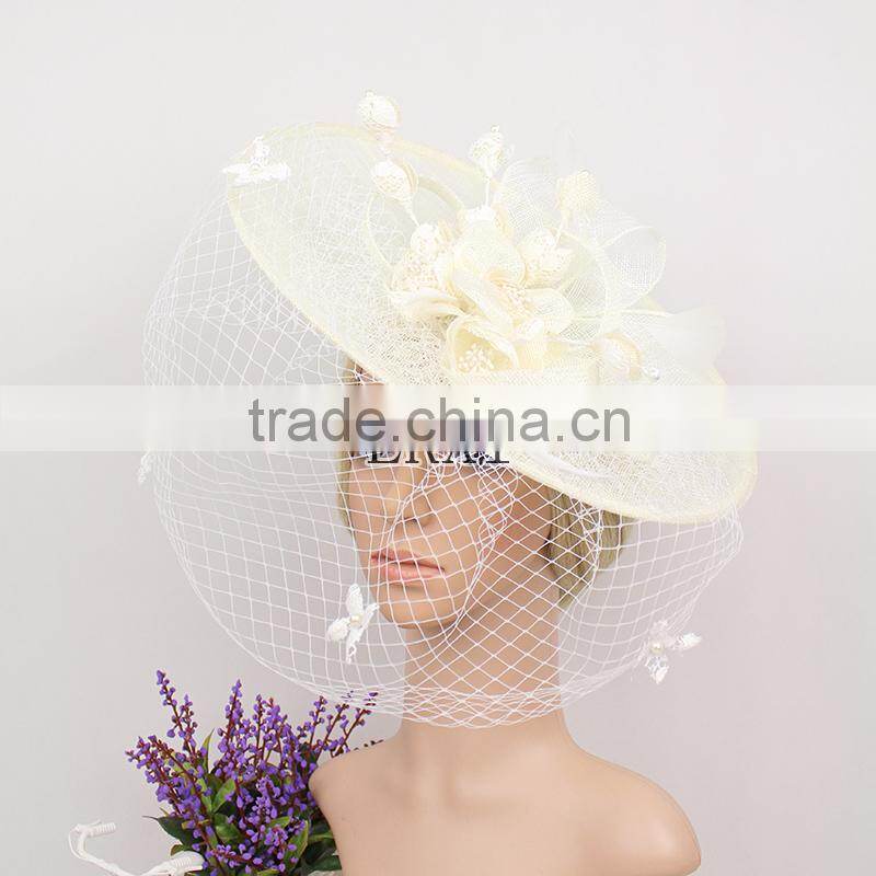 Fashionalbe Design Lace Cover Sinamay With Veil Fascinator Church Hat