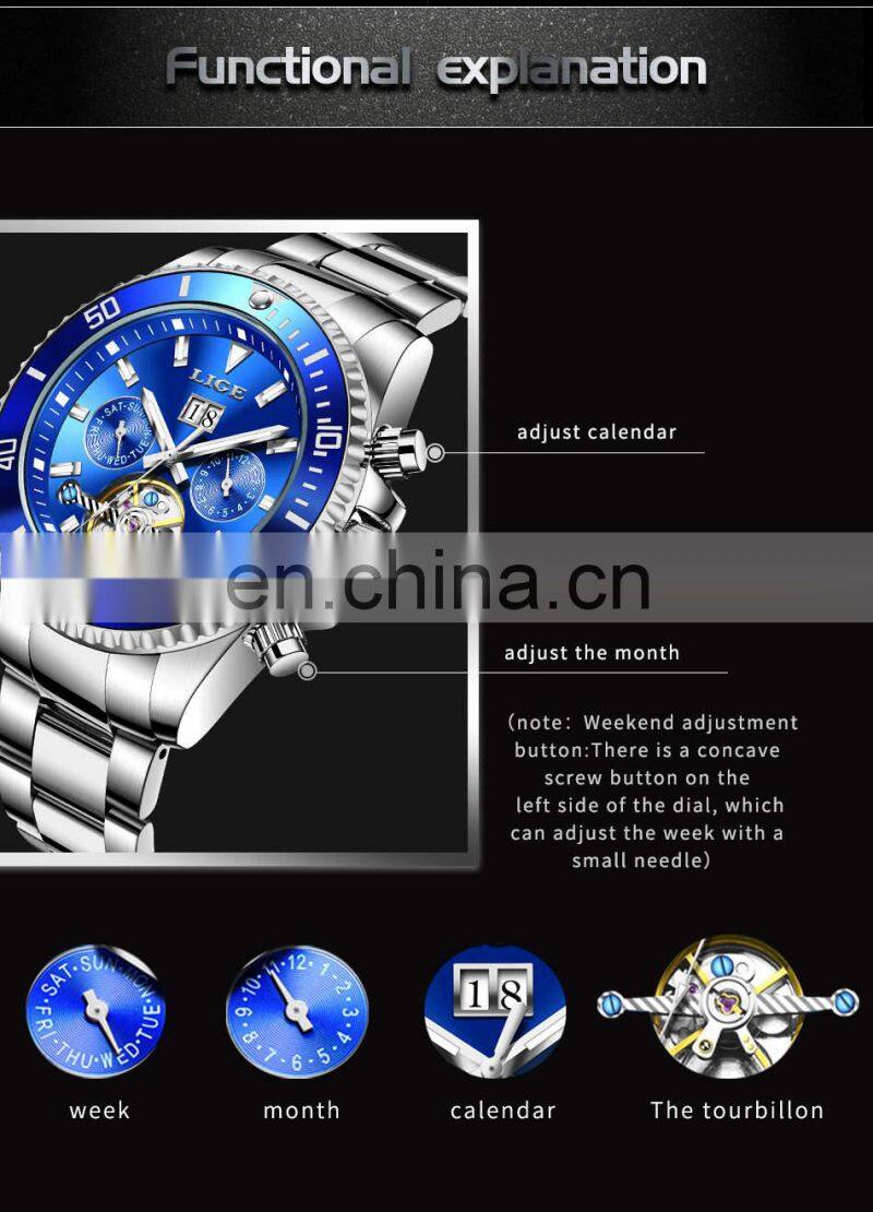 LIGE 8916 Business Watch Men Automatic Mechanical Tourbillon Luxury Fashion Stainless Steel Watches writs watches