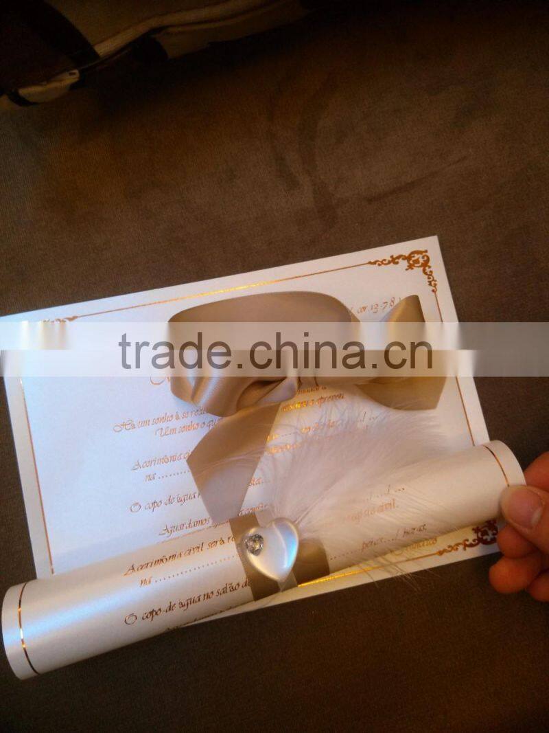 Factory Price Pakistan Style Heart Decorated Scroll Wedding Cards with Feather