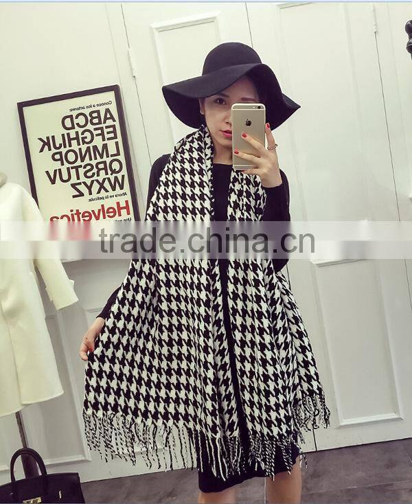 Za Fringed Tassel Houndstooth Jacquard Woven Cashmere Feel Acrylic Scarf