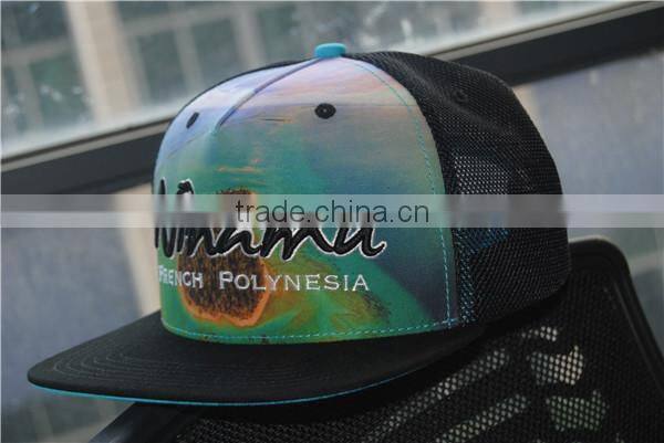 promotional sublimation printed 3d embroidery logo flat brim mesh hat