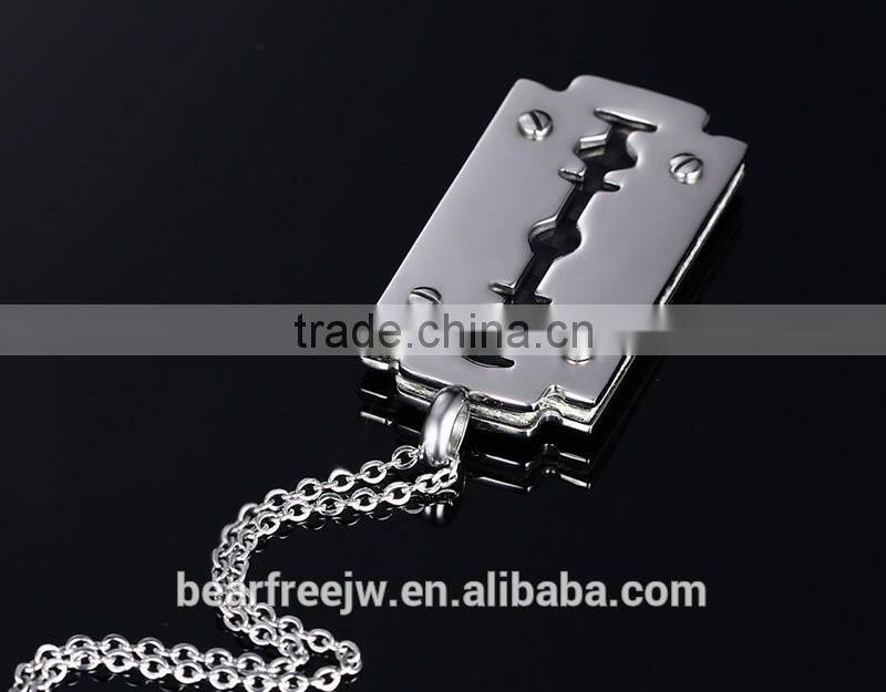 Mens Polished Stainless Steel Carbon Fiber Razor Blade Brushed Dog Tag Pendant Vintage Punk Necklace
