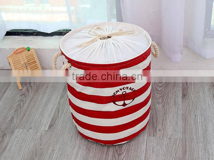 2015 new Zakka stripe The beam port Linen Multi-function Handle Stackable storage barrel Laundry basket Toy Storage box