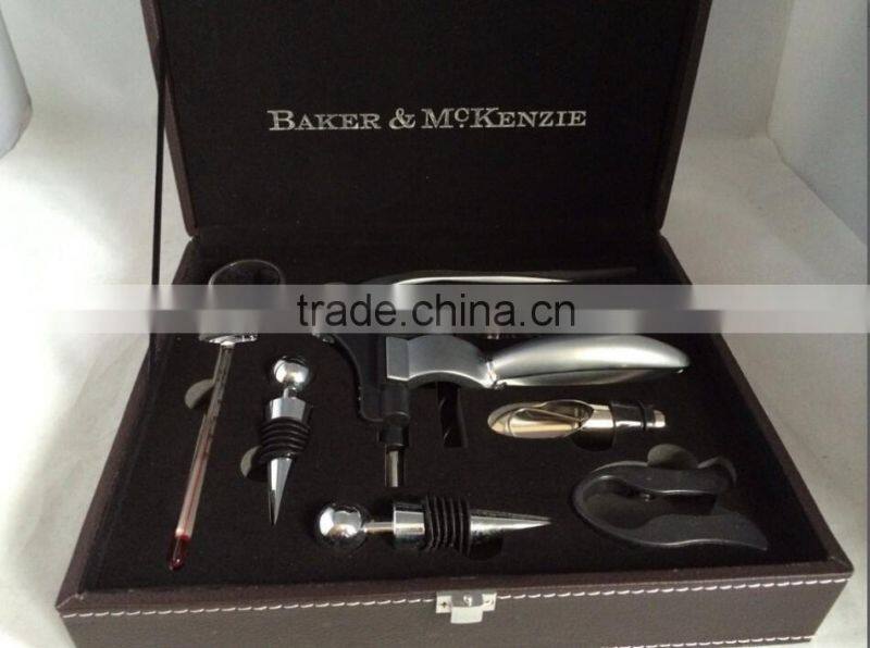 Factory OEM Supply Handmade Wine Tool Set with Leather Box, PU Leather Wine Accessories Gift Set Box