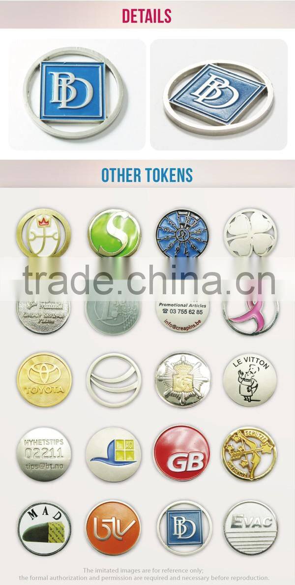 Customized cut out cheap silver gold shopping cart pound trolley token coin