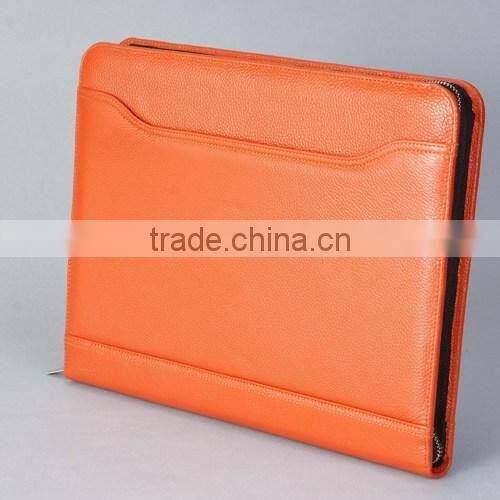 Zippered Genuine Leather Portfolio for iPad and Tablet PC (Orange)