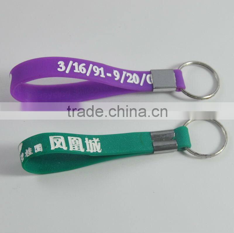 Hot sale concave logo silicone bracelet keychain, silicone wristband keyring