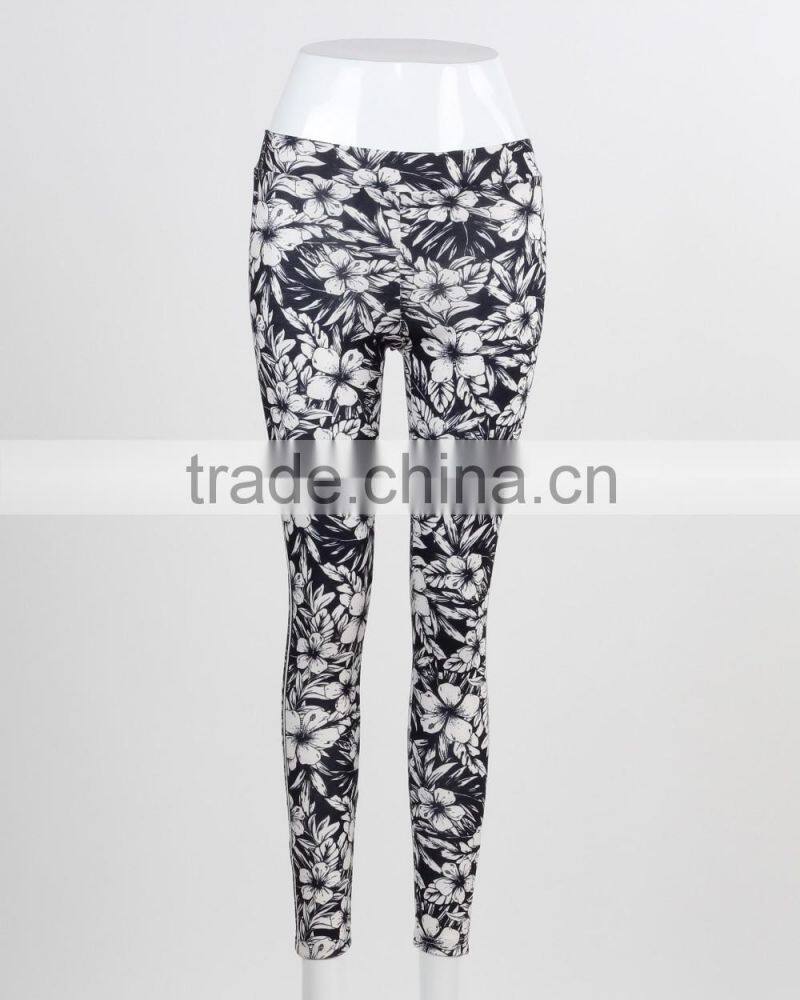 F5W30062 Monochrome Floral Printed Leggings Women Sportwear Pants