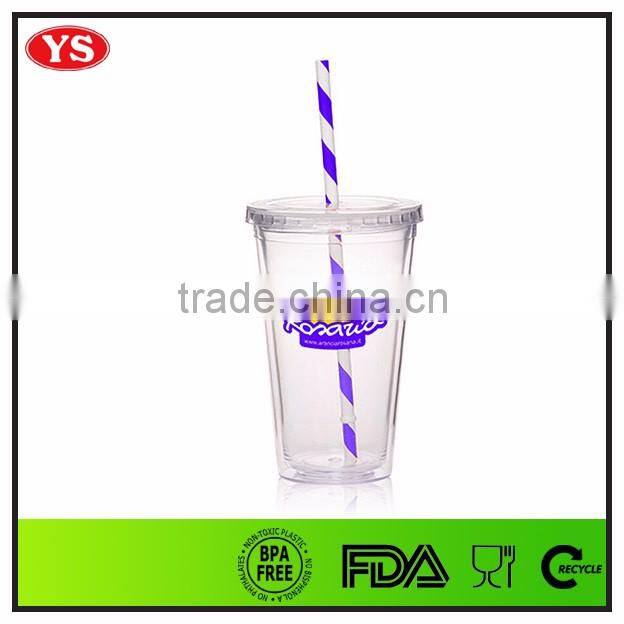 Personalized 16 ounce Plastic insulated straw tumbler with flat lid for drinking