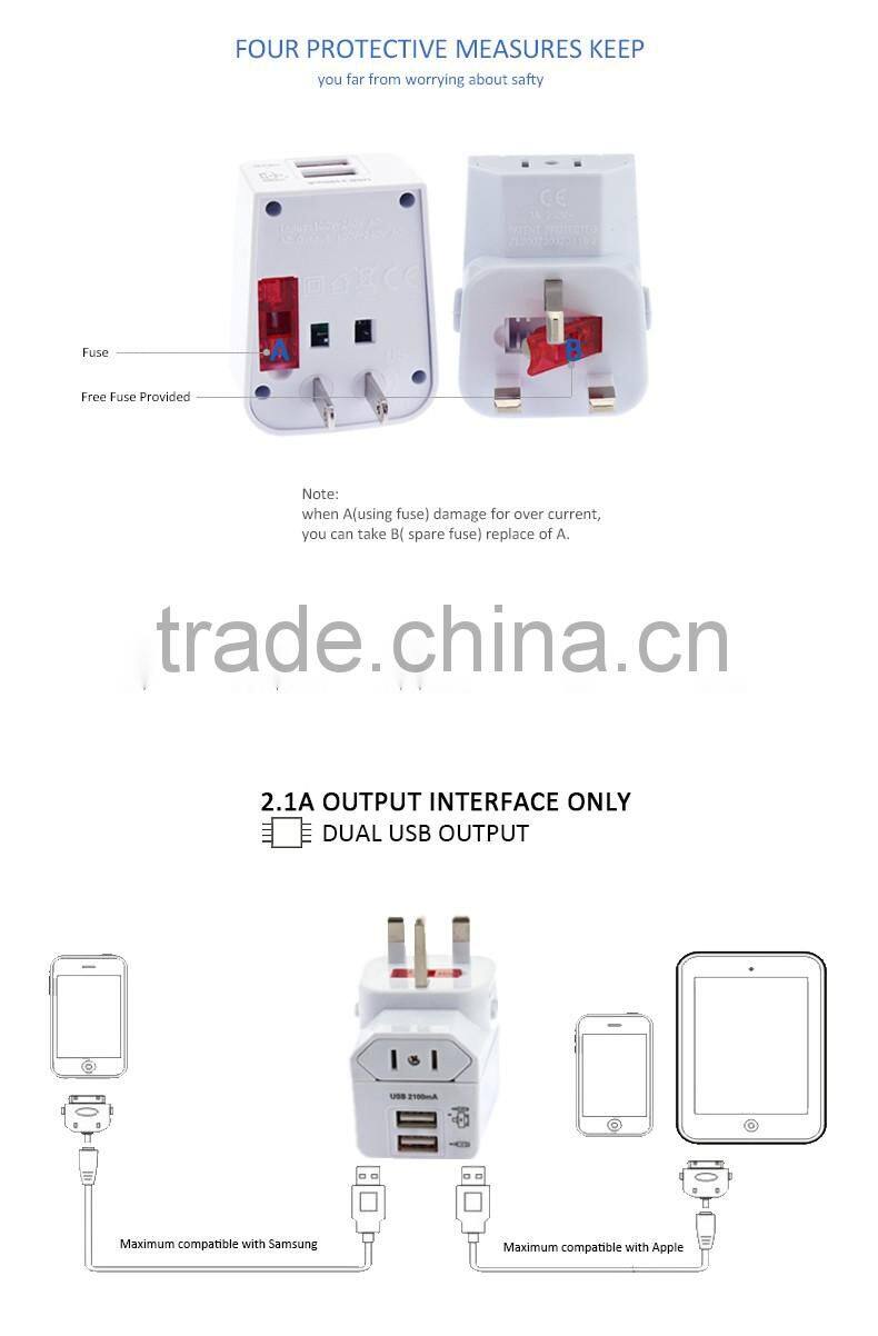 Universal travel adapter with USB charger 2100mA CE,ROHS,FCC compliant guangzhou factory