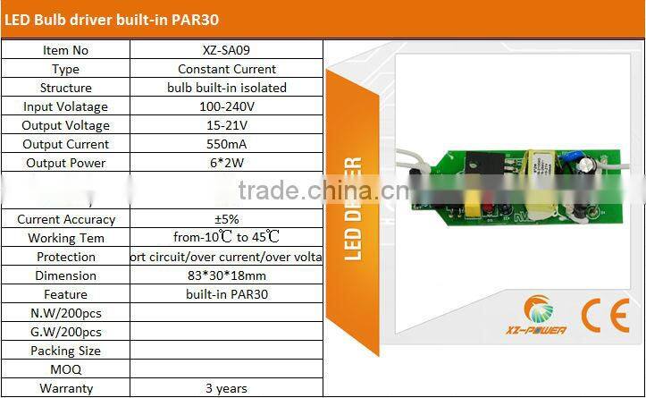 China 3-18W led bulb driver CE/EMC/LVD approved high quality for PAR30 PAR38 MR16 QR111 GU10 E26 E27 B60