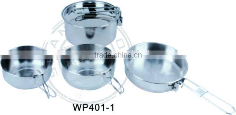 Convenient deep camping pot and fry pan and bowl for 2 people
