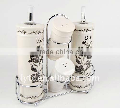 4PCS ceramic salt & oil vinegar bottle with metal stand,ceramic spice jar,ceramic cruet set,ceramic caster set