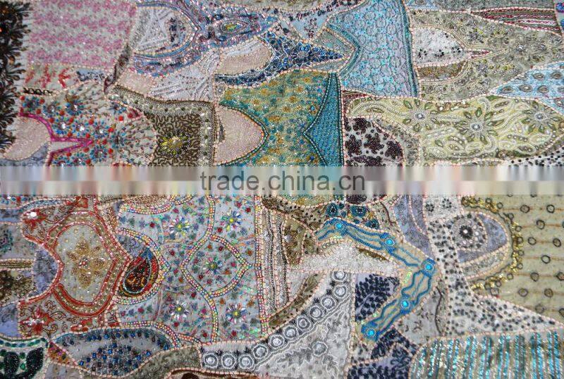 Indian Colorful Retro Tapestry Textile Pattern with Floral Ornament with Pearl & Beads Work