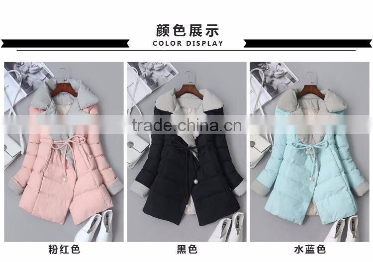 2016 customized manufacture fashionable korean style winter thick turn-down collar Medium style ladies coats with braid