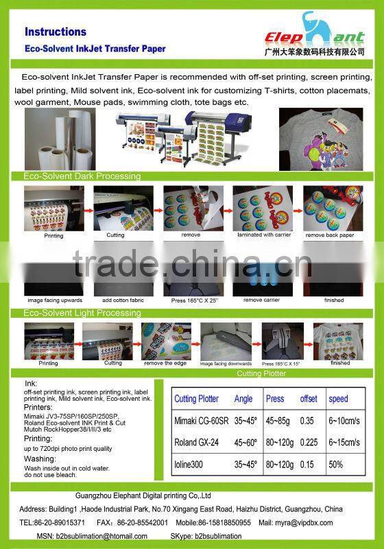 High quality 75cm*30m roll eco solvent Inkjet Transfer Paper for t-shirt