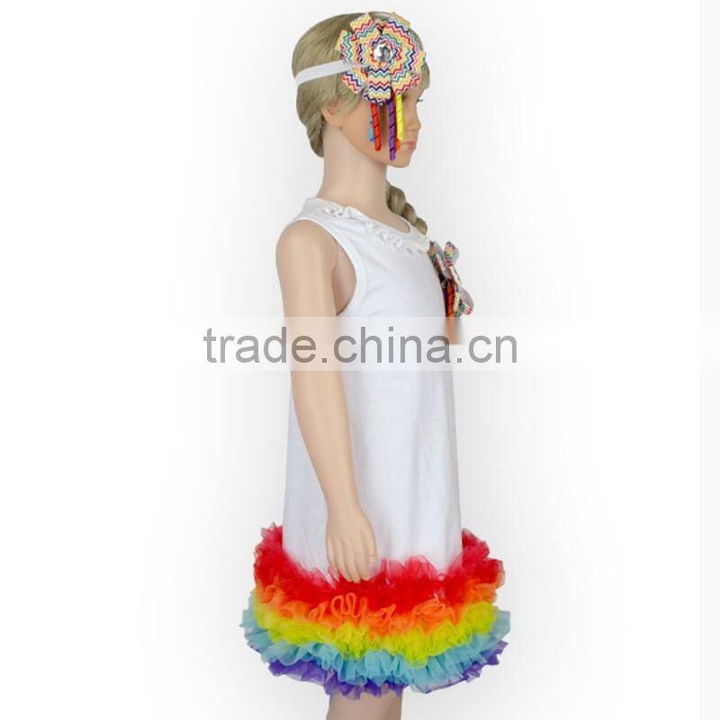 Summer Girls Sleeveless White Above Knee Dress With Colorful Rainbow Tulle Hem