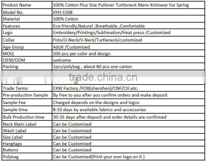 100% Cotton Plus Size Pullover Turtleneck Mens Knitwear For Spring